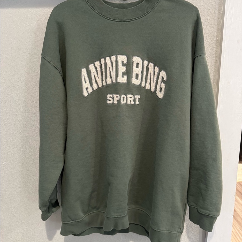 Anine Bing Sport Crewneck Sweater - Olive Green with White Logo